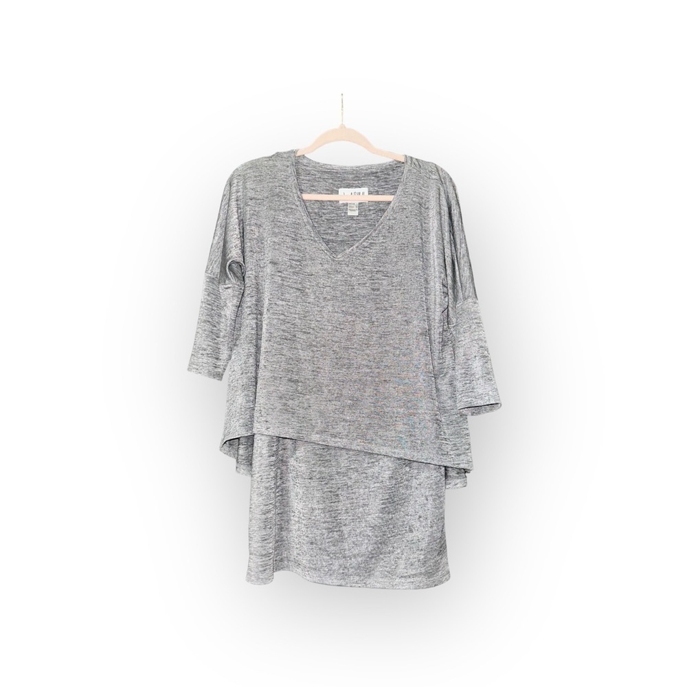 Joseph Ribkoff Marled Gray Layered V-Neck Tunic Top Size 6 Stretch 3/4 Sleeves